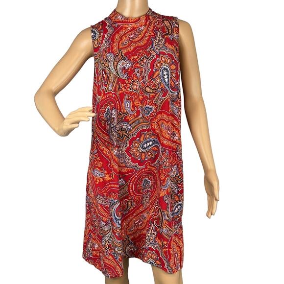 J. Jill  Shift Dress High Neck Paisley Print Red Rayon Knee Length Size M Fall - Picture 1 of 9